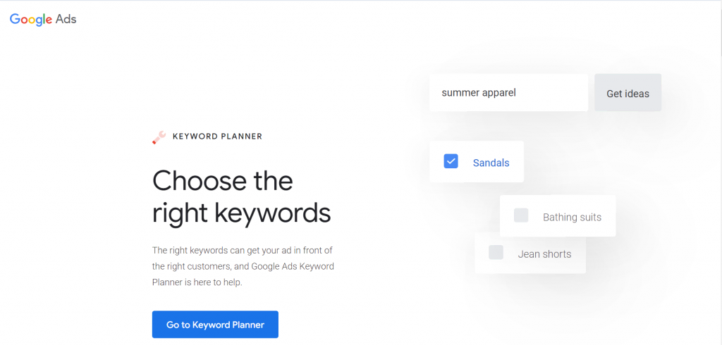 Google Keyword Planner homepage