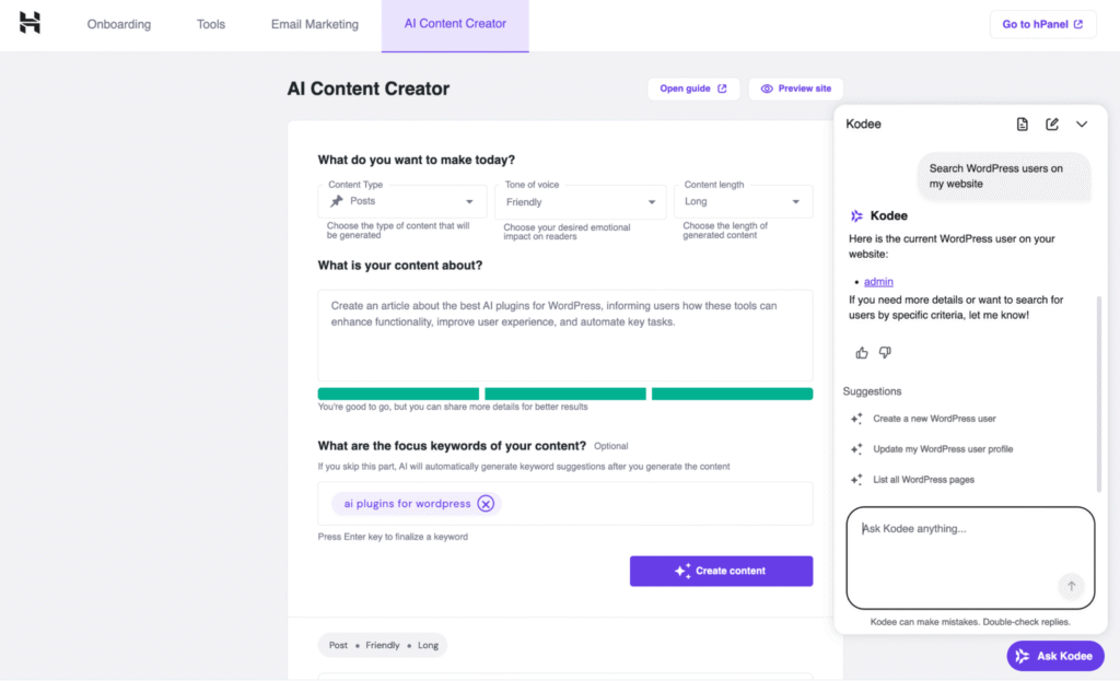 Hostinger AI Assistant WordPress AI plugin