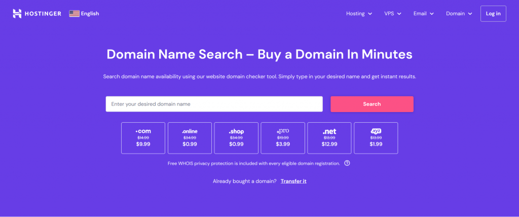 Hostinger's domain name search page