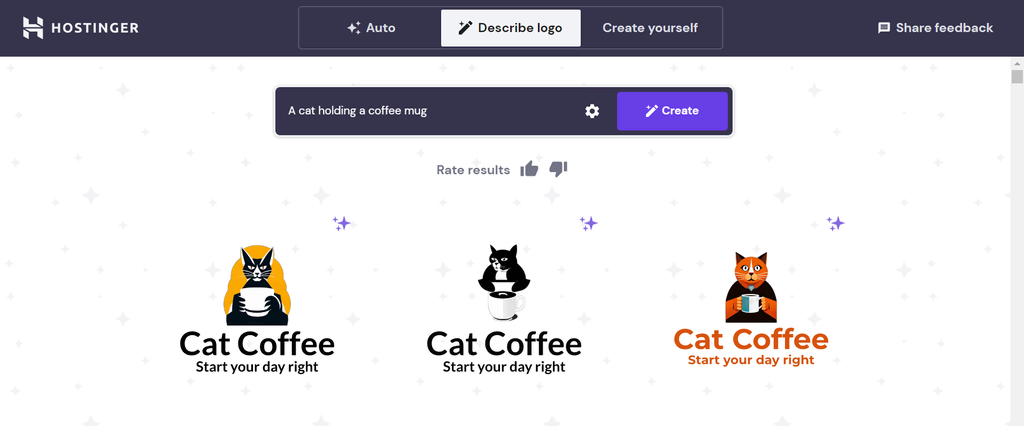 Using the Hostinger Logo Maker to create logo designs of a cat holding a coffee mug