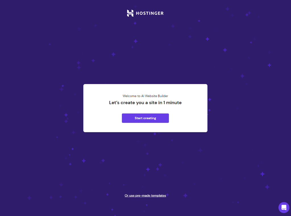 Hostinger Website Builder AI 入門流程，要求使用者點擊按鈕在一分鐘內建立網站