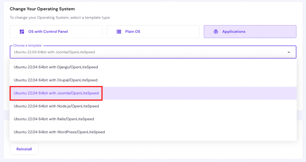 The option to change operating system for VPS in hPanel with the Joomla template highlighted