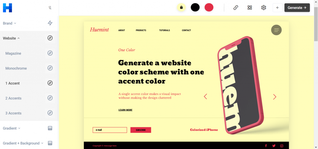User interface of Huemint, an AI-powered color palette generator