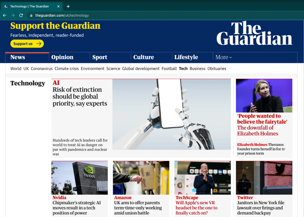 Home page of leading British daily news site, The Guardian