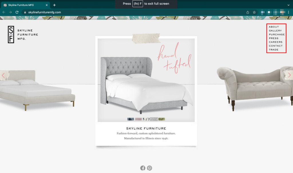 Static website of furniture brand Skyline Furniture MFG