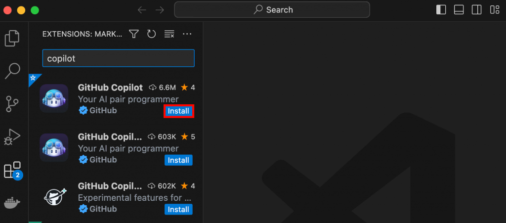 Screenshot of the install github copilot button highlighted in copilot extension search results