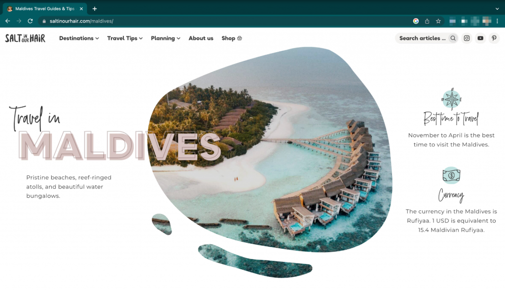 main page of a travel blog site talking about Maldives