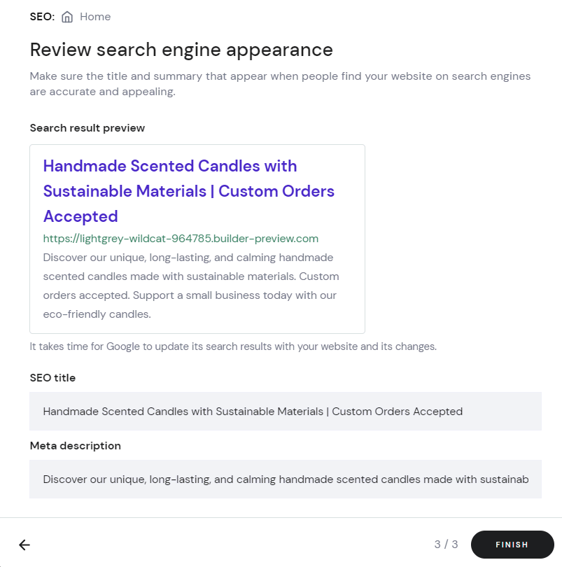 检查 Hostinger Website Builder 的 SEO 设置中的搜索引擎外观。