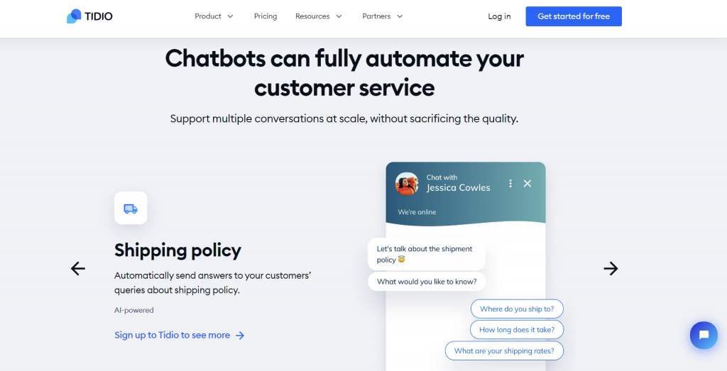Tidio's chatbot page on its website