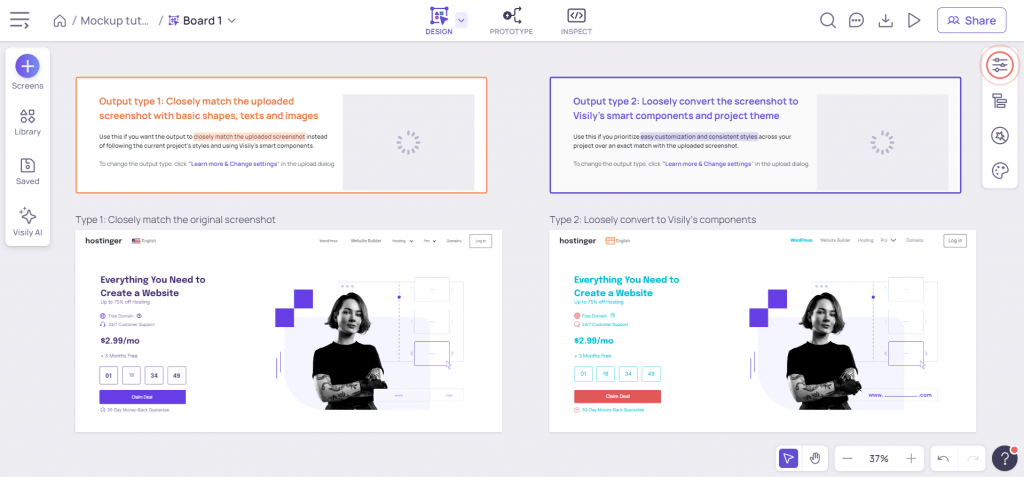 User interface of Visily, an AI tool that can convert sketches and screenshots into a web design wireframe