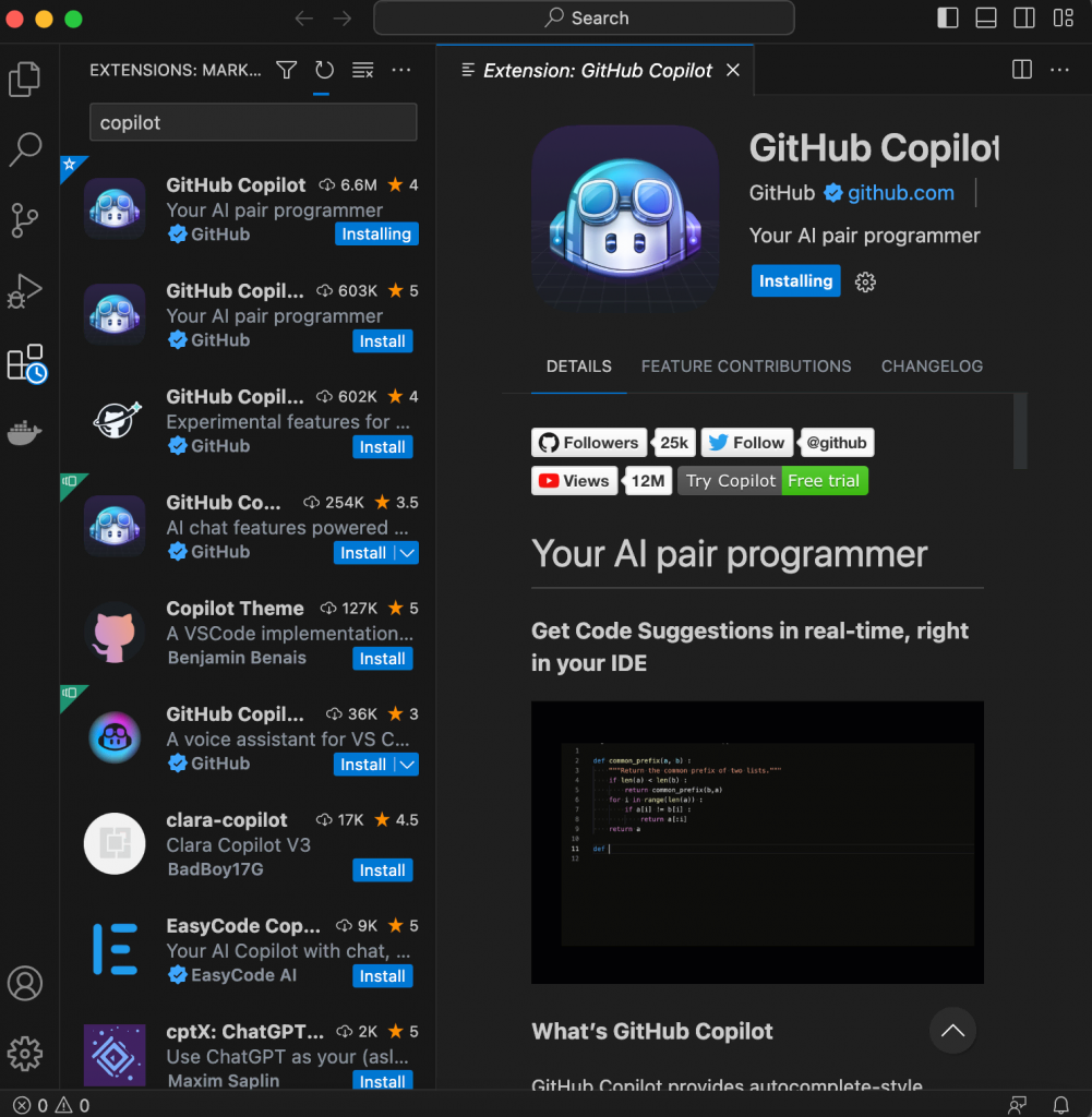 Screenshot showing github copilot as it is being installed