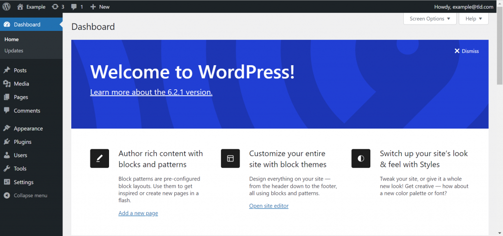 The admin panel of WordPress, where users can manage pages, publish content, add media, install themes and plugins, and so on