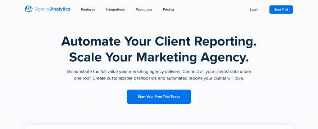 alt text：Agency Analytics SEO 報告和客戶管理工具的主頁