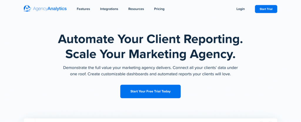 替代文本:Agency Analytics SEO 报告和客户管理工具的主页
