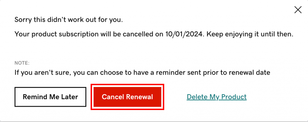 Illustration showing the Cancel Renewal popup asking for confirmation to cancel automatic renewal.