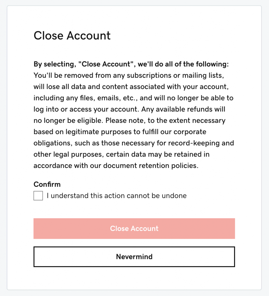 The Close GoDaddy Account message that appears after you click on the Close Account option in Privacy Settings.