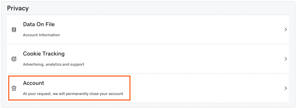 Privacy section of GoDaddy Account Settings with the Account Close option highlighted