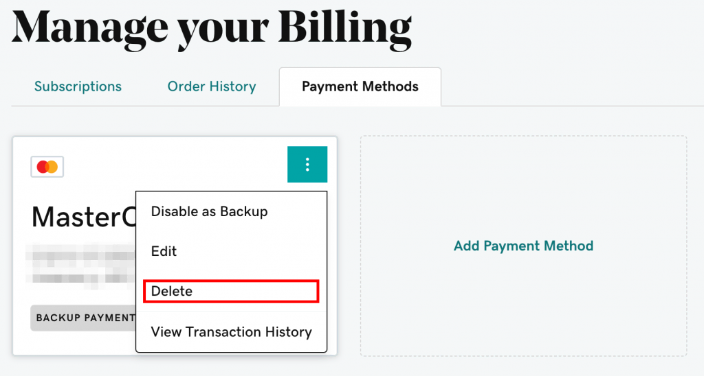 An illustration showing how to remove billing information from a GoDaddy account.