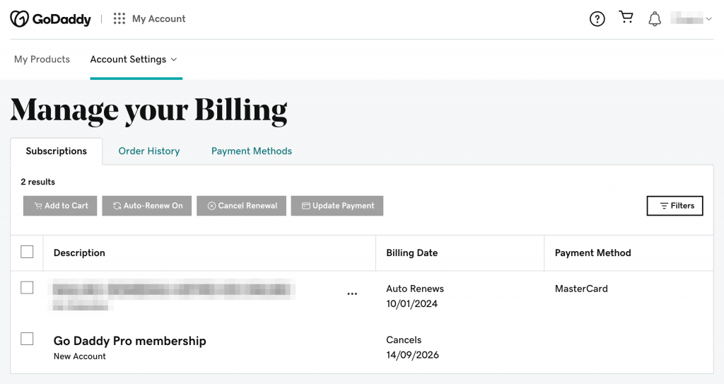 Illustration of a GoDaddy account billing section showing all active products