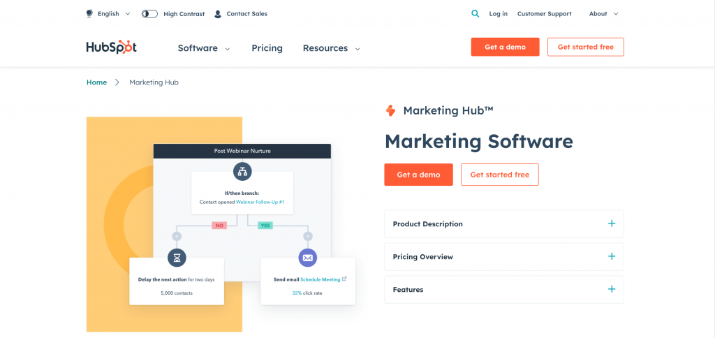 HubSpot Marketing Hub 软件的主页
