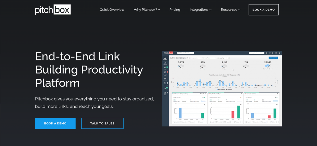 Homepage of Pitchbox outreach and link building platform
