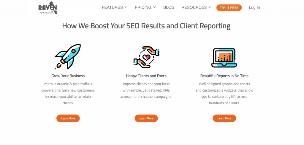 Homepage of Raven Tools SEO reporting platform