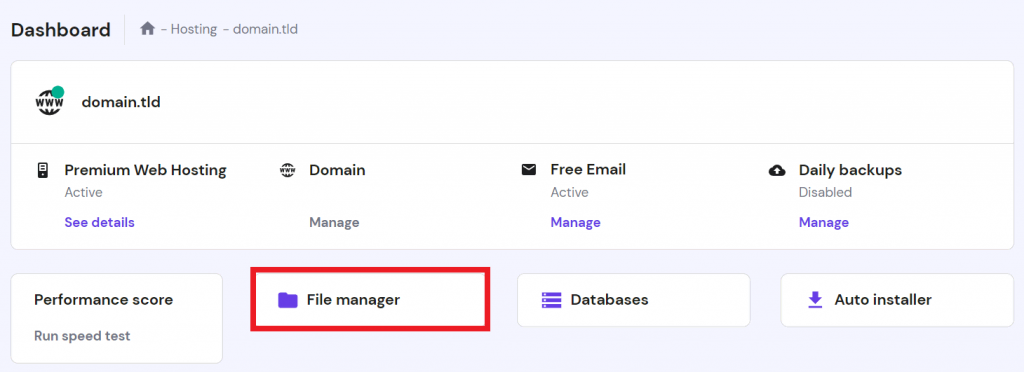 The File Manager button in hPanel website management menu
