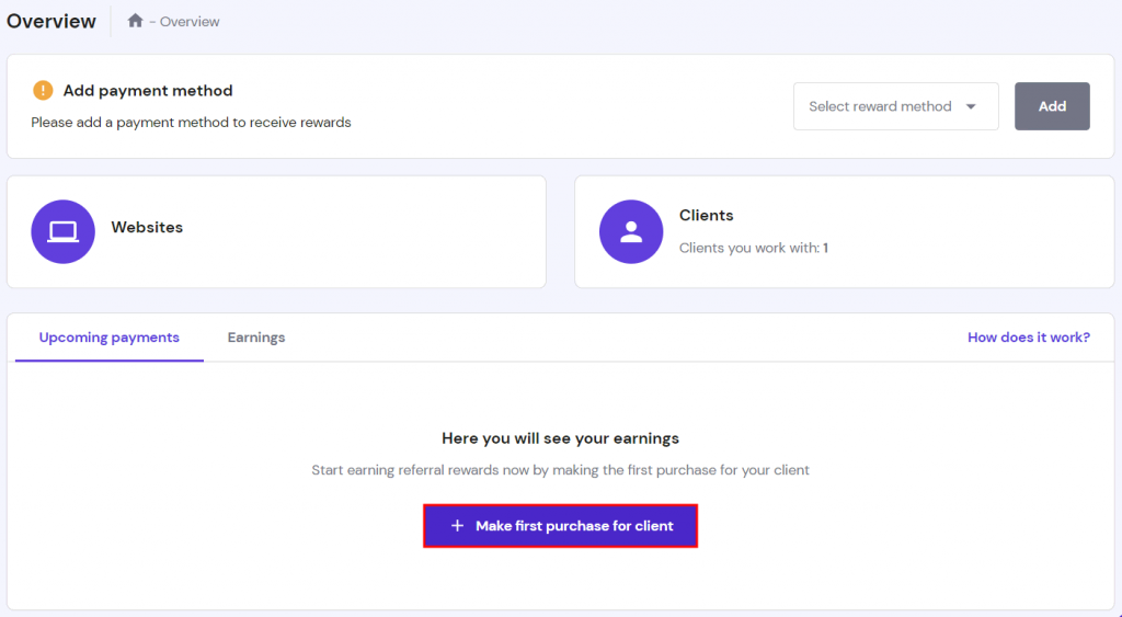 The Overview section in Hostinger Pro Panel with "Make first purchase for client" highlighted in red
