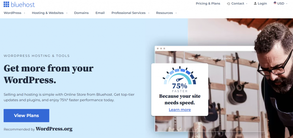 Bluehost's WordPress hosting landing page