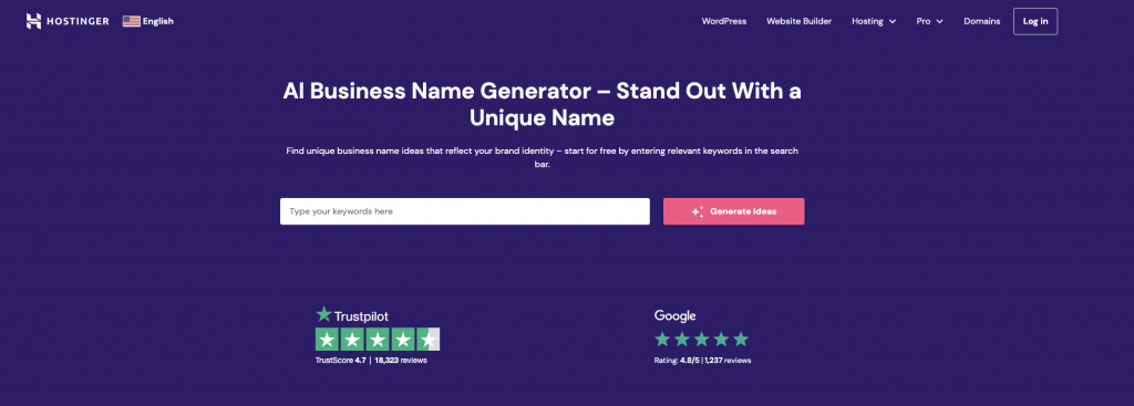 Business Name Generator page on the Hostinger website