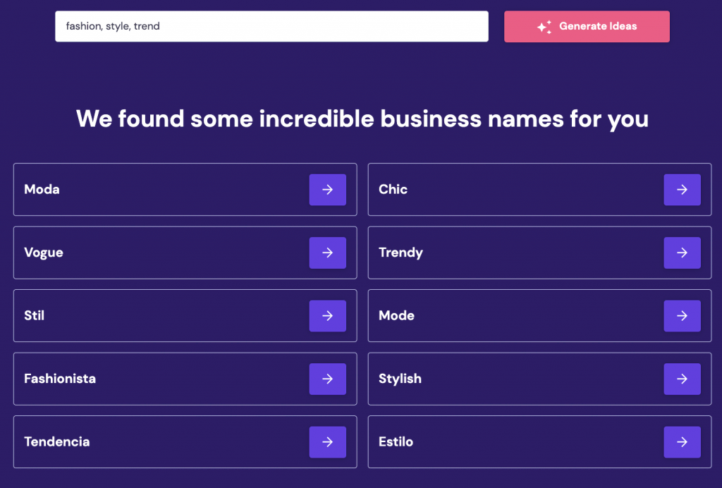 Hostinger's generated blog names with the keywords fashion, style, and trend