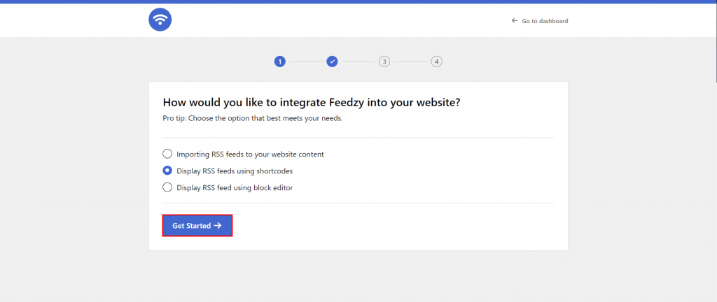 Feedzy RSS Feeds' setup wizard with the Get Started button highlighted