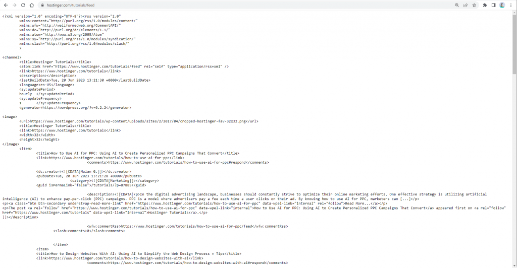 Hostinger Tutorial's RSS Feed XML page