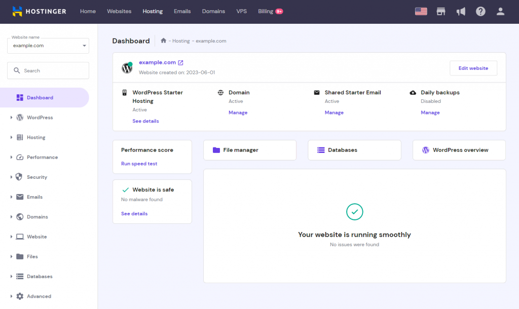 hPanel dashboard interface.