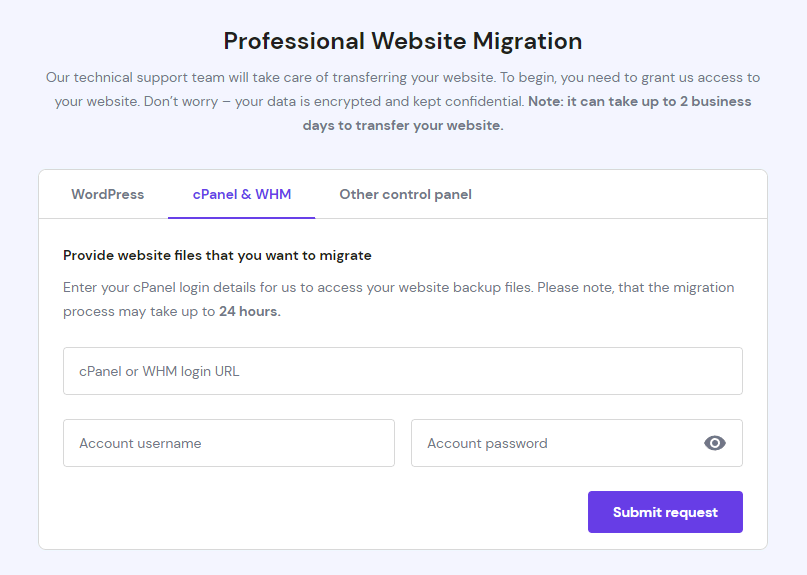 The website migration request form on hPanel.