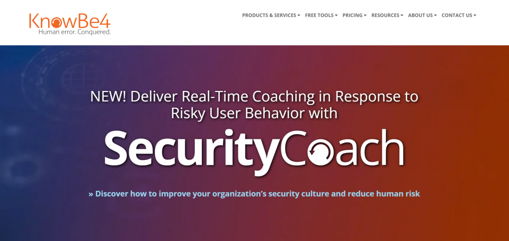 Homepage of Knowbe4, a security training platform