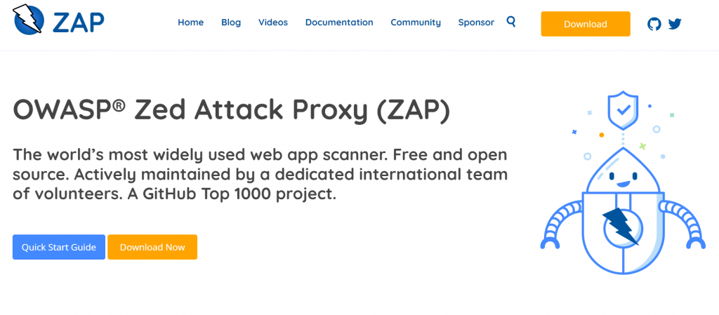 The homepage of OWASP ZAP, a free and open-source penetration testing tool