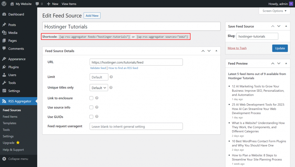 RSS Aggregator's Edit Feed Source with the shortcode highlighted