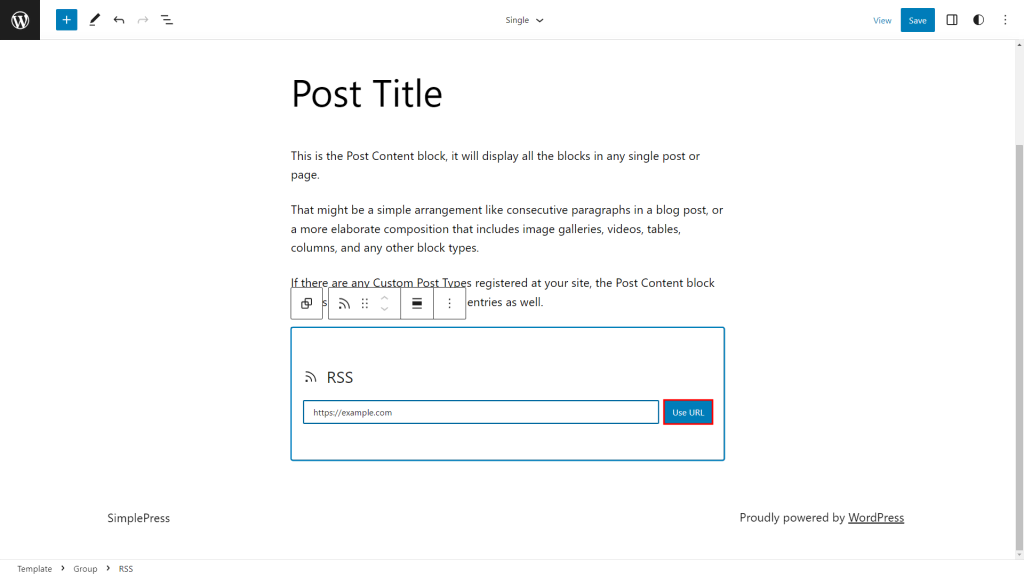 The RSS block in the block editor highlighting the Use URL button