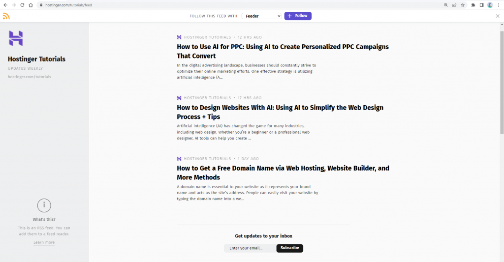 The RSS Feed Reader extension showing Hostinger Tutorials RSS feed