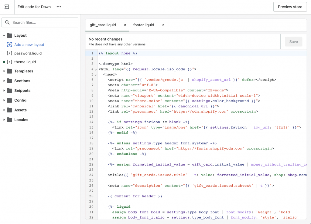 The code editor interface on Shopify's platform.