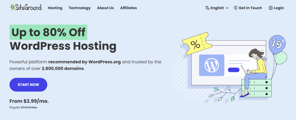 SiteGround's WordPress hosting landing page
