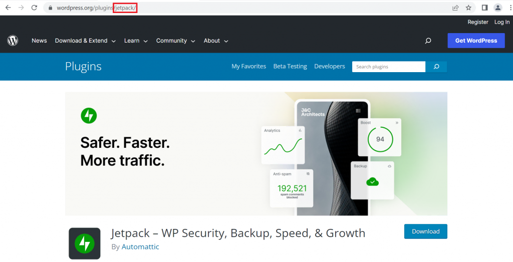 The Jetpack plugin page in the WordPress official directory, with the plugin name highlighted in the URL