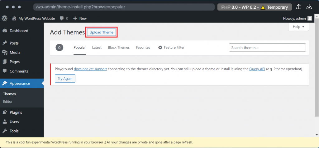 The Upload Theme button in the WordPress Playground admin dashboard