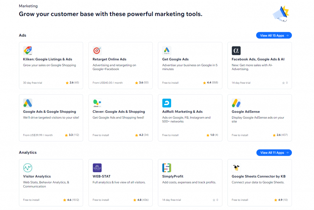 The Wix App Market page
