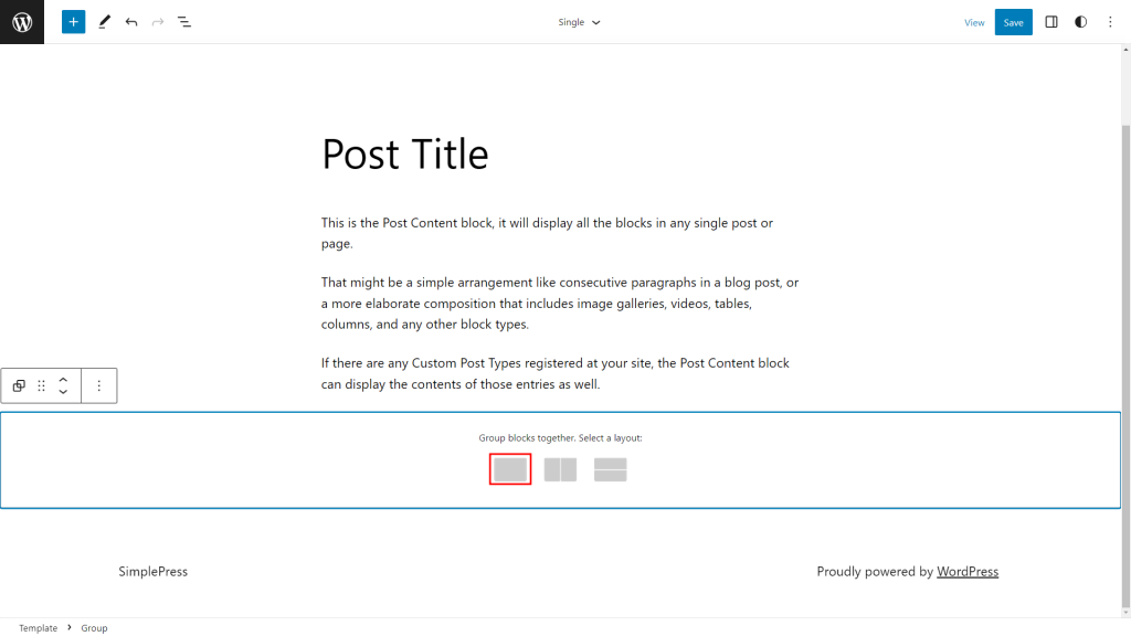 WordPress block editor with the Group layout highlighted