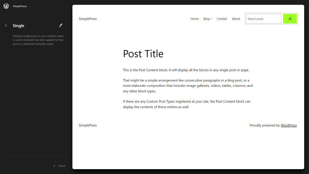 WordPress site editor showing the Single template