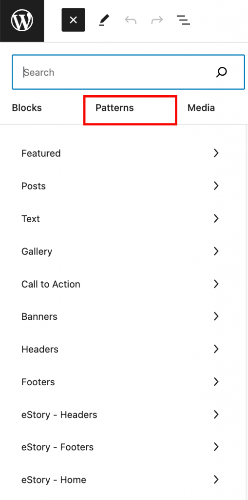 Patterns library accessible through the block inserter