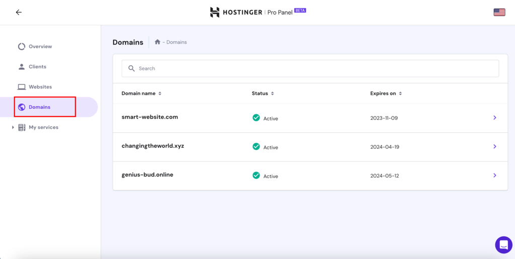 The Domains section in Hostinger Pro Panel dashboard