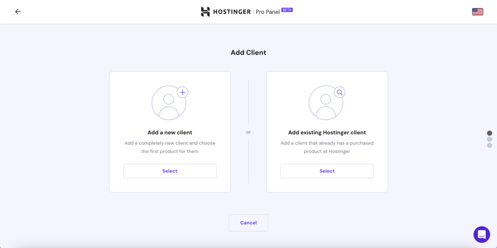 The Add Client section in the Hostinger Pro Panel asking you to specify the type of client